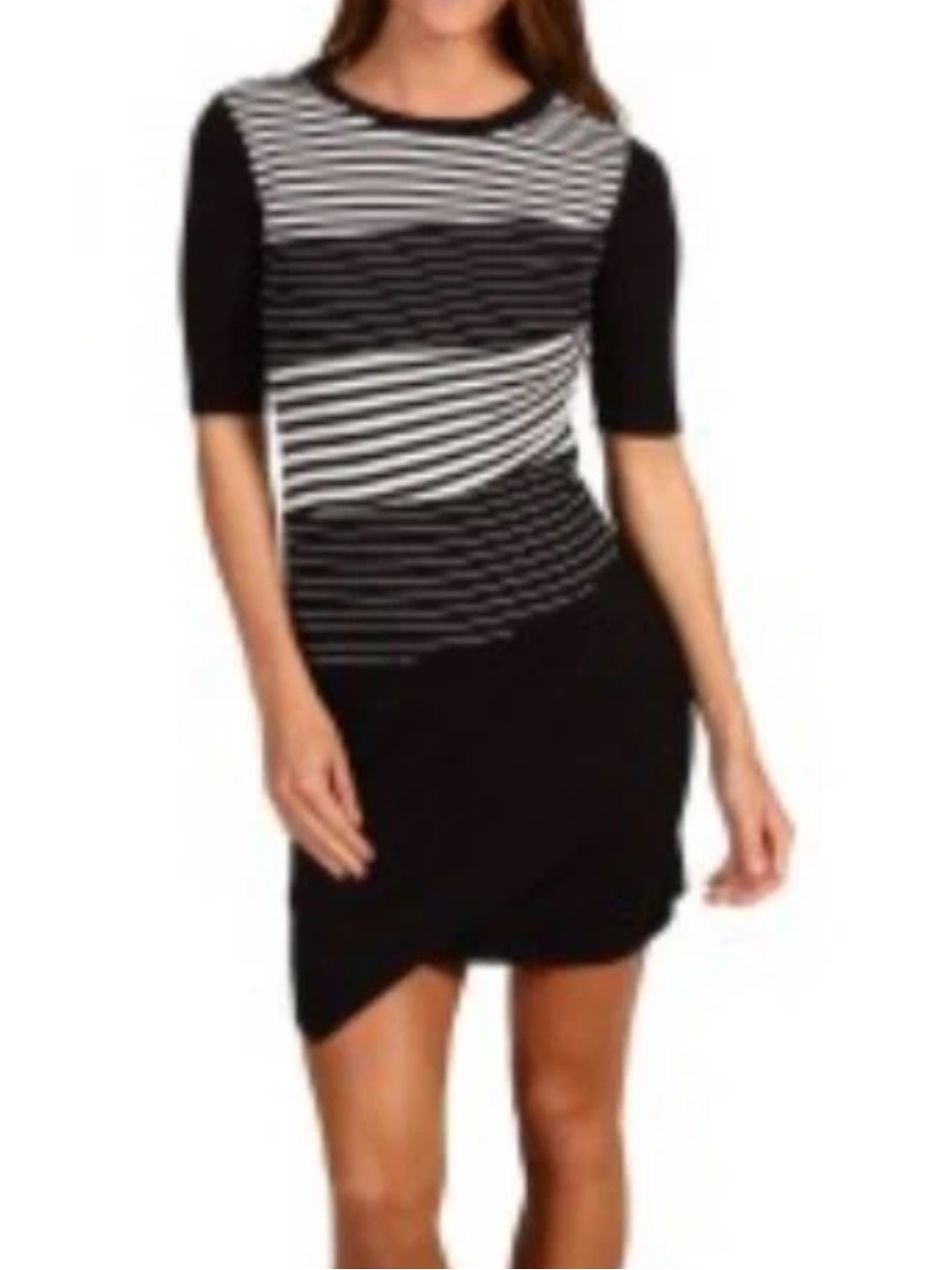 BCBG Black & White Striped Short Sleeve Ponte Dress